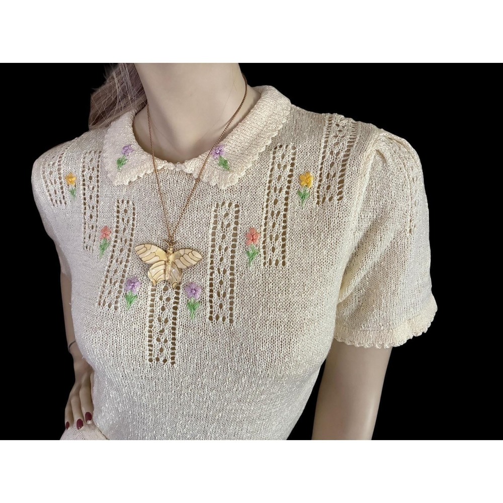 Vintage Knit Dress Cream Floral Embroidered Pointelle Cottagecore Small - Picture 7 of 10